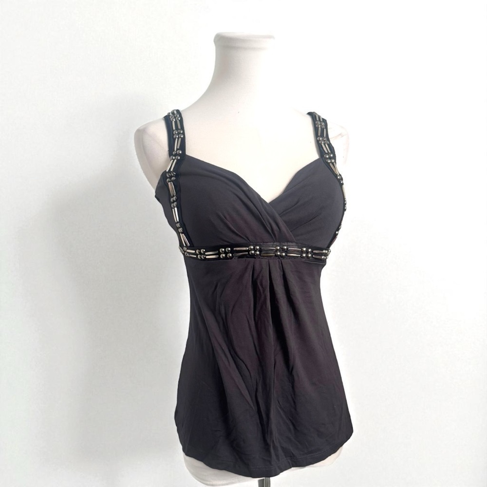 Embellished Black Beaded Tank Top — Boho Chic Evening Camisole xxs